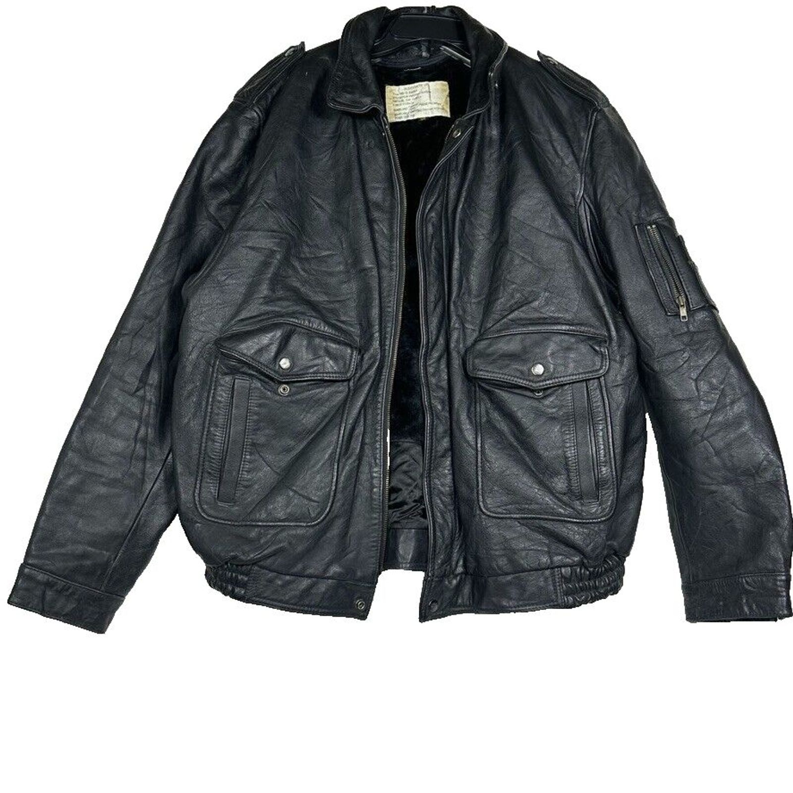 Blouson De Vol Mens Xxl 64 Black Leather Bomber Flight Jacket Faux Fur Lined